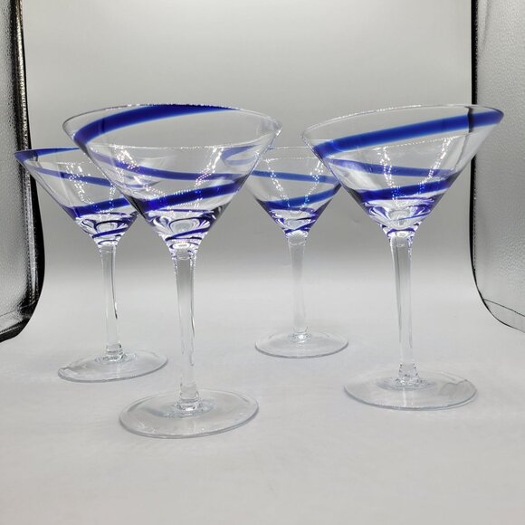 Pier 1 Swirline Blue Swirl Clear Glass Martini Glasses Cocktail Stemware Set 4 - Picture 1 of 7